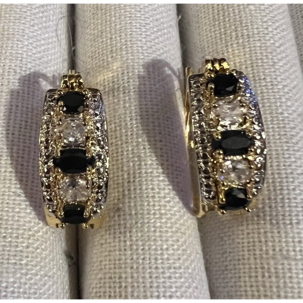 Gold Coast Black and White Stone Gold Tone Hoop Earrings